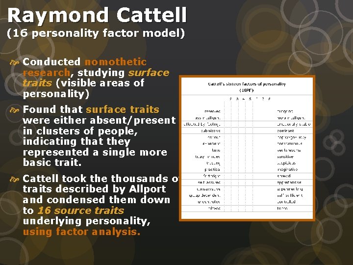 Raymond Cattell (16 personality factor model) Conducted nomothetic research, studying surface traits (visible areas