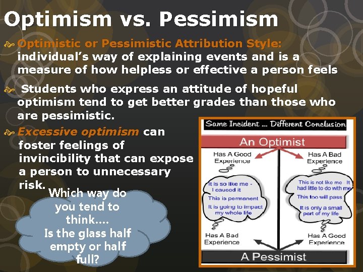 Optimism vs. Pessimism Optimistic or Pessimistic Attribution Style: individual’s way of explaining events and