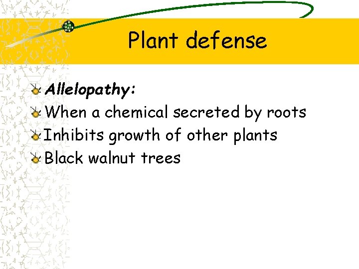 Plant defense Allelopathy: When a chemical secreted by roots Inhibits growth of other plants