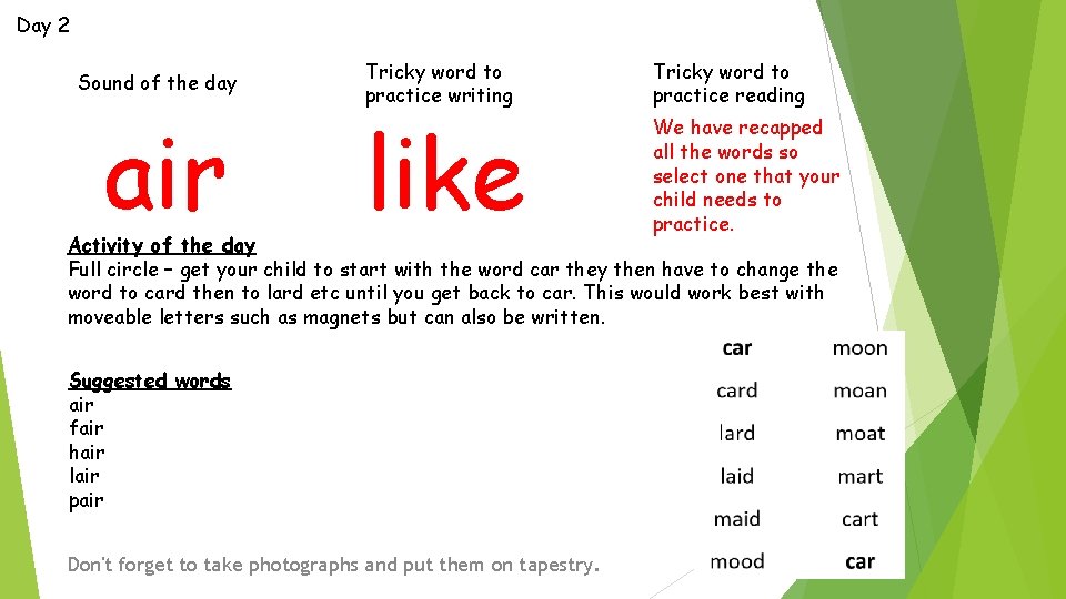 Day 2 Sound of the day air Tricky word to practice writing like Tricky