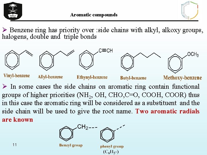 Aromatic compounds Ø Benzene ring has priority over : side chains with alkyl, alkoxy