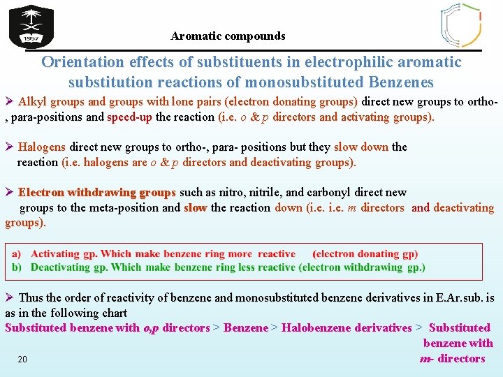 Aromatic compounds Orientation effects of substituents in electrophilic aromatic substitution reactions of monosubstituted Benzenes