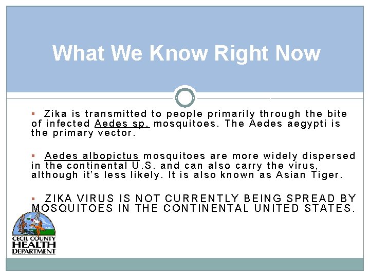 What We Know Right Now Zika is transmitted to people primarily through the bite