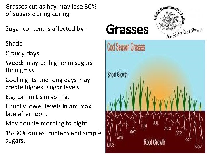 Grasses cut as hay may lose 30% of sugars during curing. Sugar content is