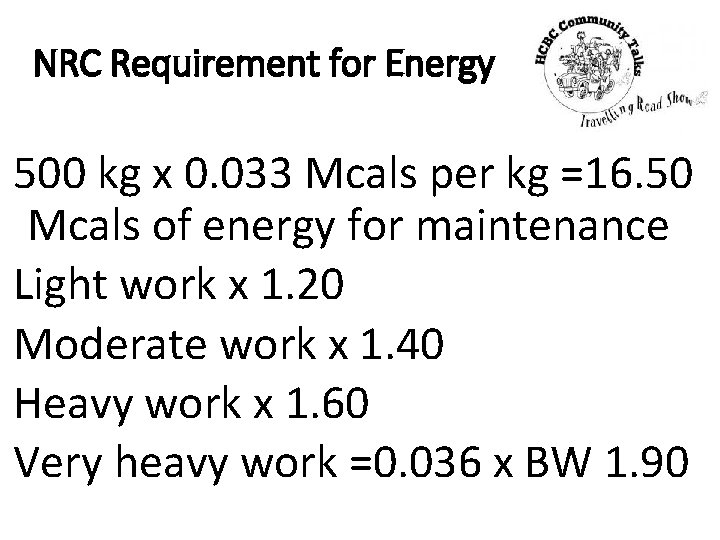 NRC Requirement for Energy 500 kg x 0. 033 Mcals per kg =16. 50