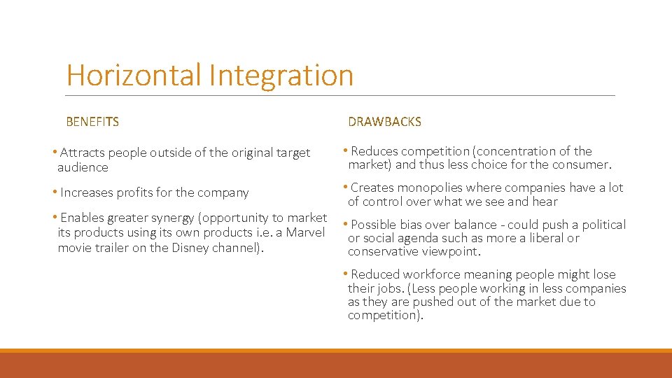 Horizontal Integration BENEFITS DRAWBACKS • Attracts people outside of the original target audience •