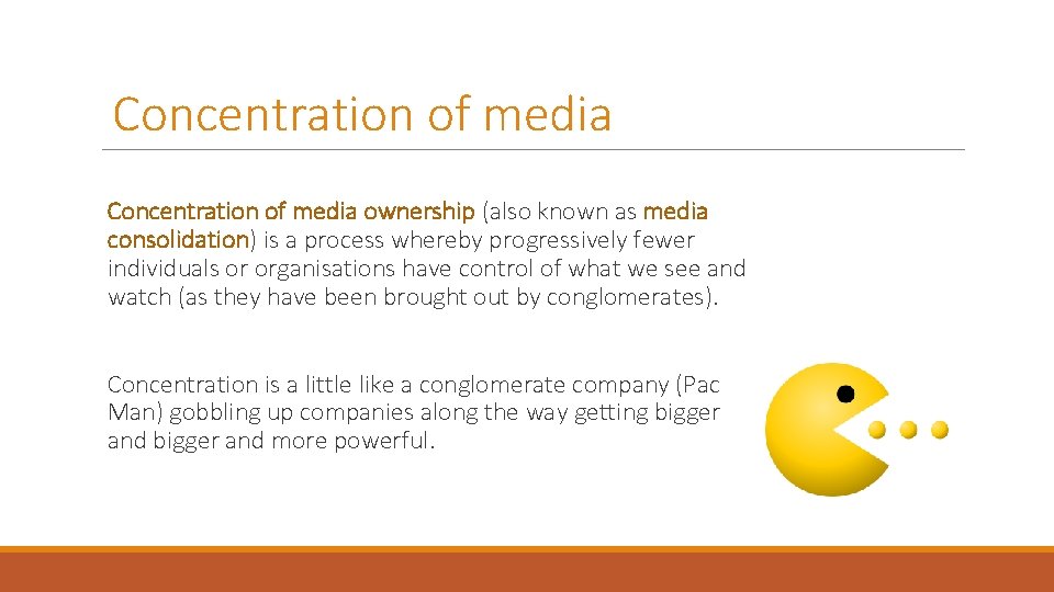 Concentration of media ownership (also known as media consolidation) is a process whereby progressively