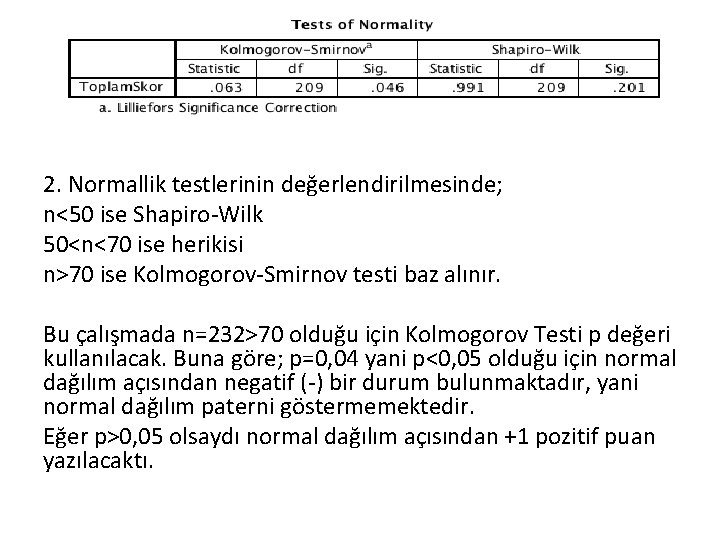 2. Normallik testlerinin değerlendirilmesinde; n<50 ise Shapiro-Wilk 50<n<70 ise herikisi n>70 ise Kolmogorov-Smirnov testi