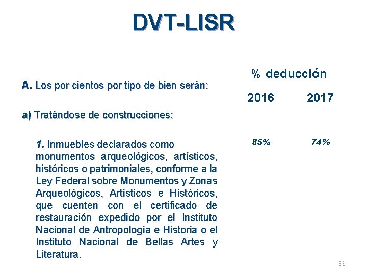 DVT-LISR A. Los por cientos por tipo de bien serán: % deducción 2016 2017