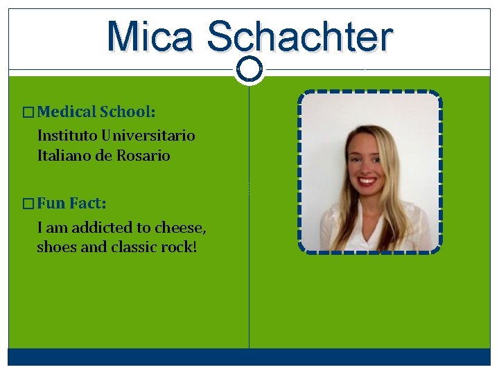 Mica Schachter � Medical School: Instituto Universitario Italiano de Rosario � Fun Fact: I