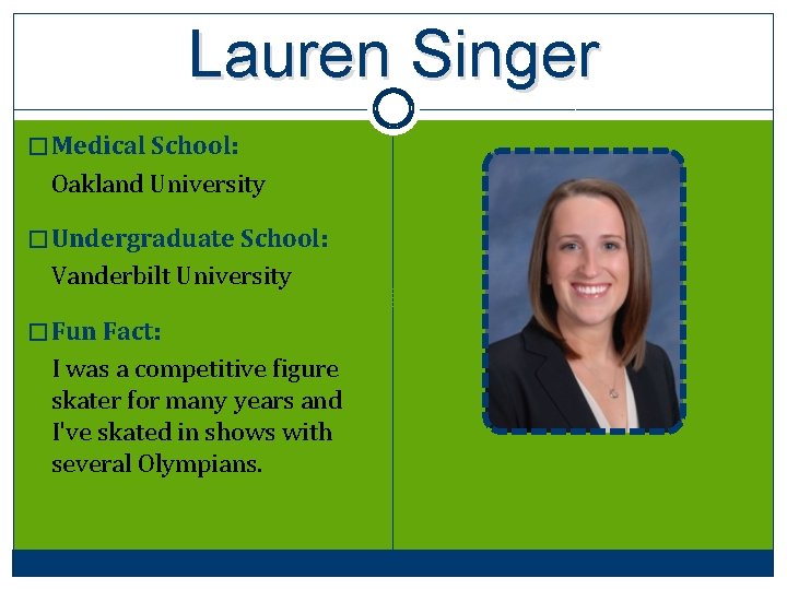 Lauren Singer � Medical School: Oakland University � Undergraduate School: Vanderbilt University � Fun
