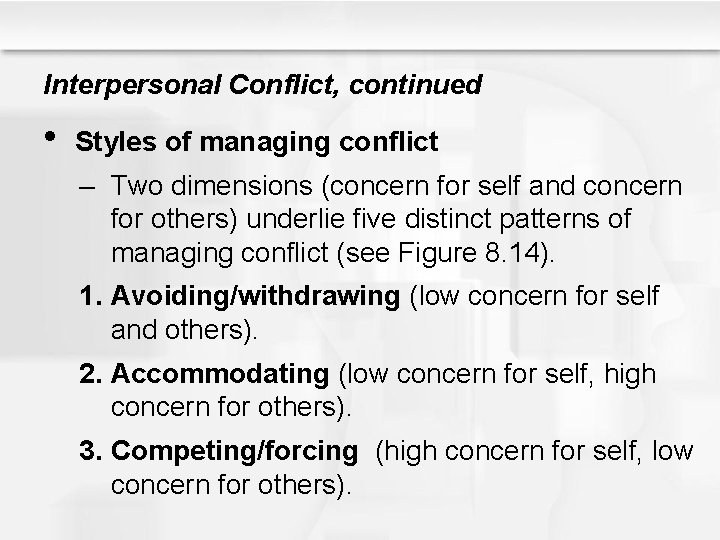 Interpersonal Conflict, continued • Styles of managing conflict – Two dimensions (concern for self