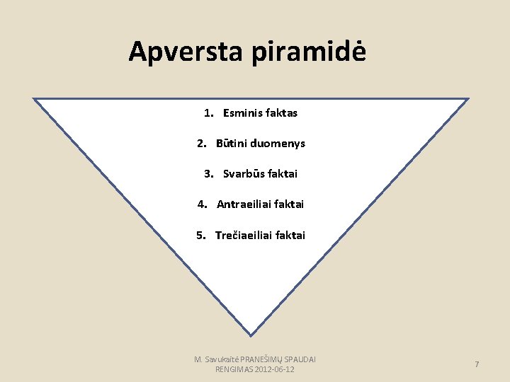 Apversta piramidė 1. Esminis faktas 2. Būtini duomenys 3. Svarbūs faktai 4. Antraeiliai faktai