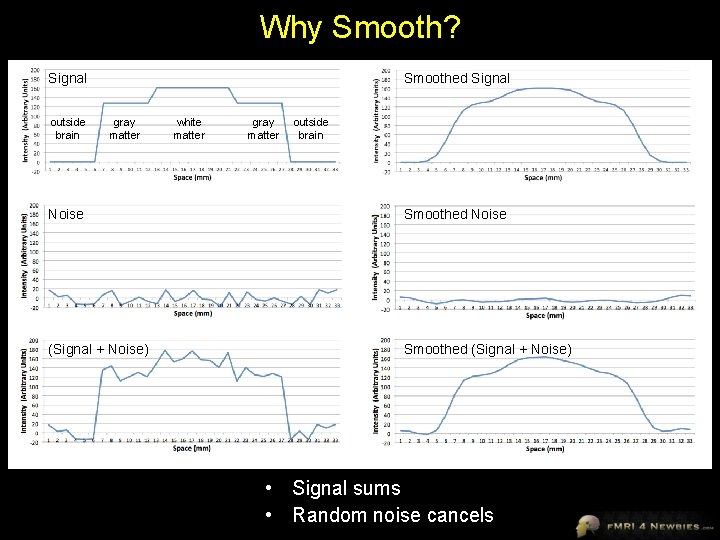 Why Smooth? Signal outside brain Smoothed Signal gray matter white matter gray matter outside