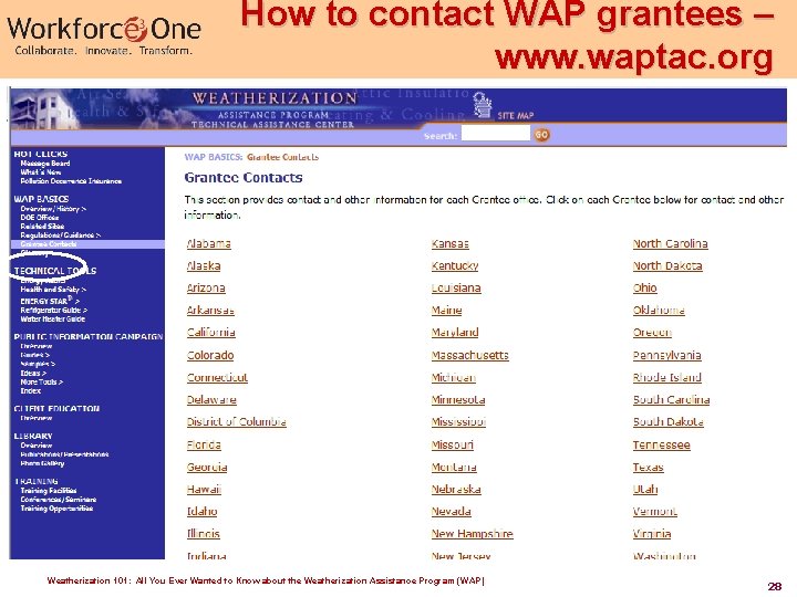 How to contact WAP grantees – www. waptac. org Weatherization 101: All You Ever