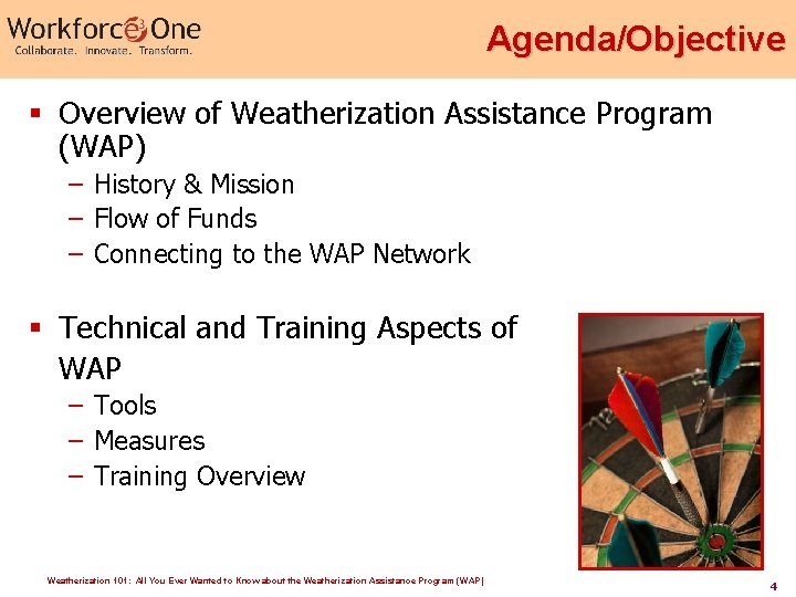 Agenda/Objective § Overview of Weatherization Assistance Program (WAP) – History & Mission – Flow