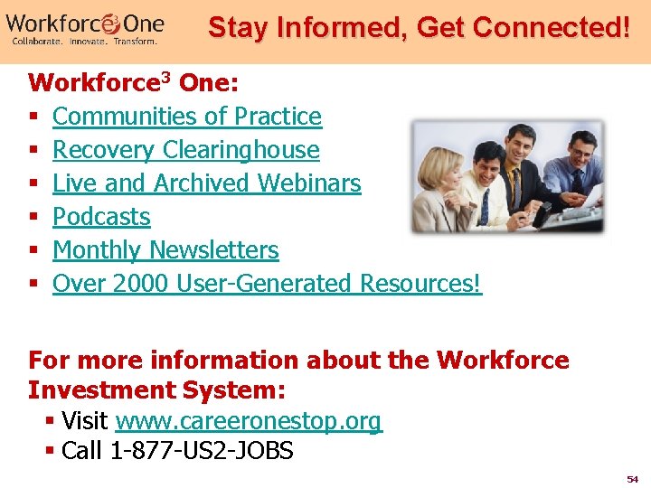 Stay Informed, Get Connected! Workforce 3 One: § Communities of Practice § Recovery Clearinghouse