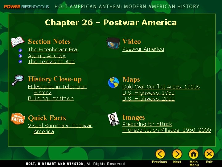 Chapter 26 – Postwar America Section Notes Video The Eisenhower Era Atomic Anxiety The