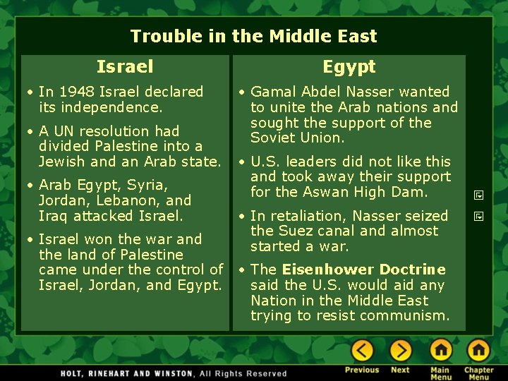 Trouble in the Middle East Israel • In 1948 Israel declared its independence. •