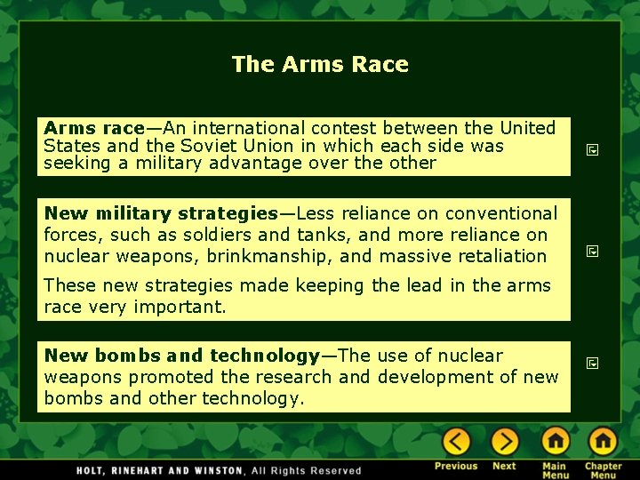 The Arms Race Arms race—An international contest between the United States and the Soviet