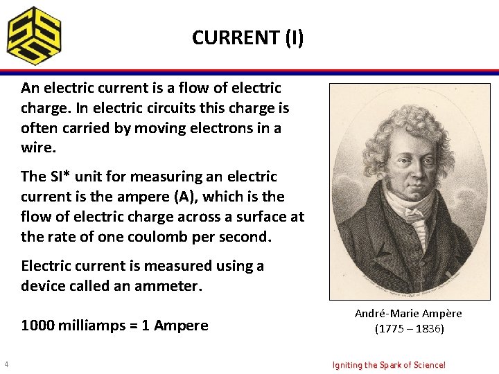 CURRENT (I) An electric current is a flow of electric charge. In electric circuits