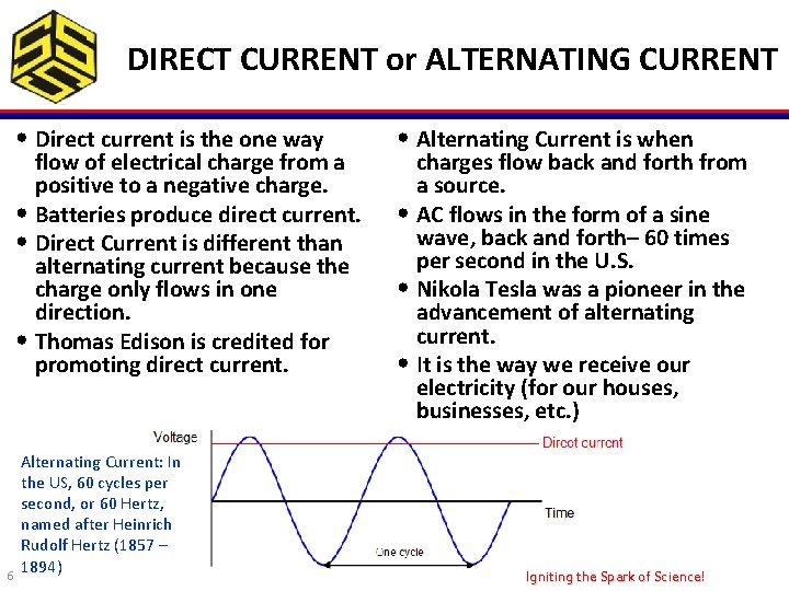 DIRECT CURRENT or ALTERNATING CURRENT • Direct current is the one way flow of