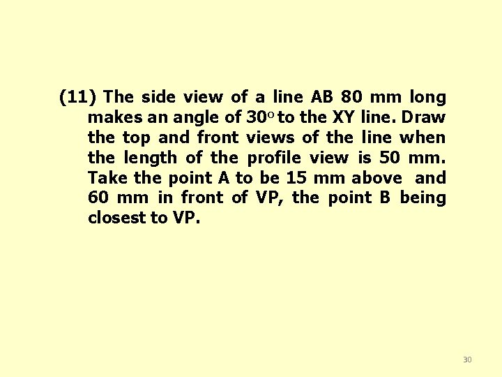 (11) The side view of a line AB 80 mm long makes an angle