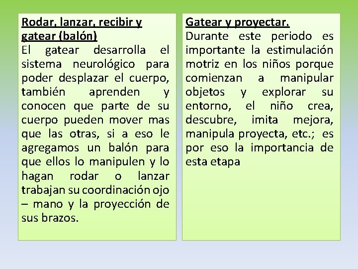 Rodar, lanzar, recibir y gatear (balón) El gatear desarrolla el sistema neurológico para poder Rodar, lanzar, recibir y gatear (balón) El gatear desarrolla el sistema neurológico para poder