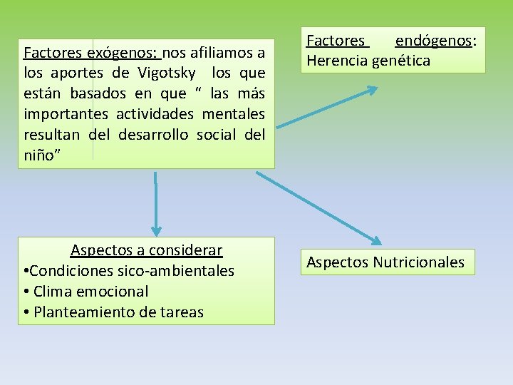 Factores exógenos: nos afiliamos a los aportes de Vigotsky los que están basados en Factores exógenos: nos afiliamos a los aportes de Vigotsky los que están basados en