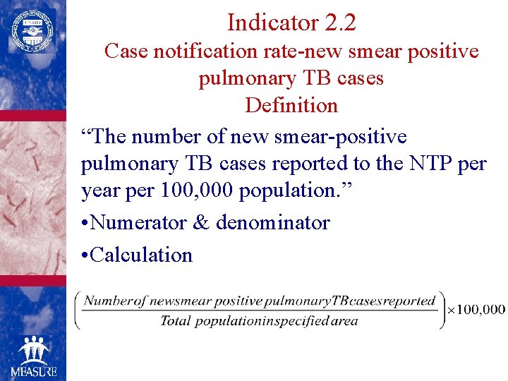 Indicator 2. 2 Case notification rate-new smear positive pulmonary TB cases Definition “The number