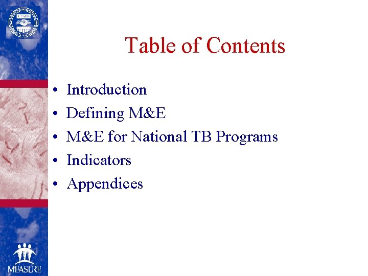 Table of Contents • • • Introduction Defining M&E for National TB Programs Indicators