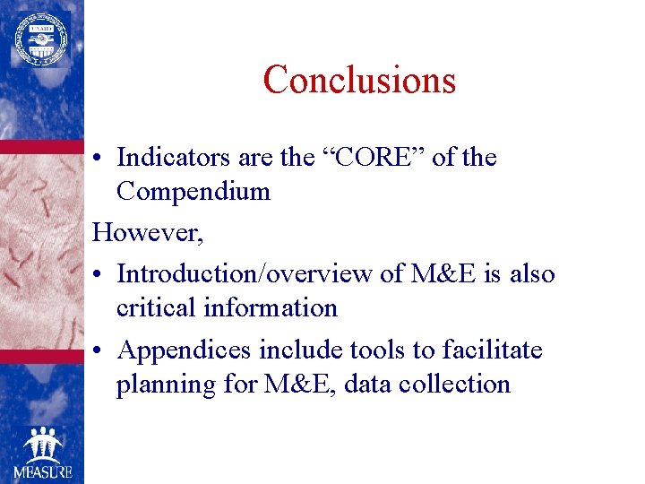 Conclusions • Indicators are the “CORE” of the Compendium However, • Introduction/overview of M&E