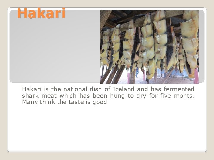 Hakari is the national dish of Iceland has fermented shark meat which has been