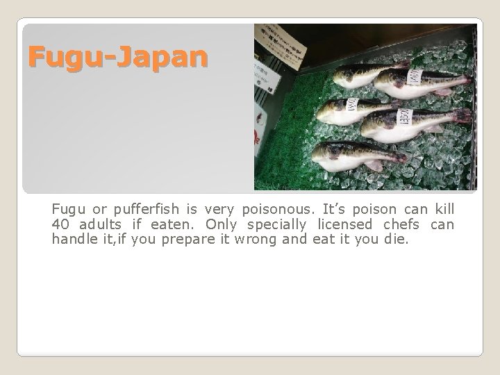 Fugu-Japan Fugu or pufferfish is very poisonous. It’s poison can kill 40 adults if