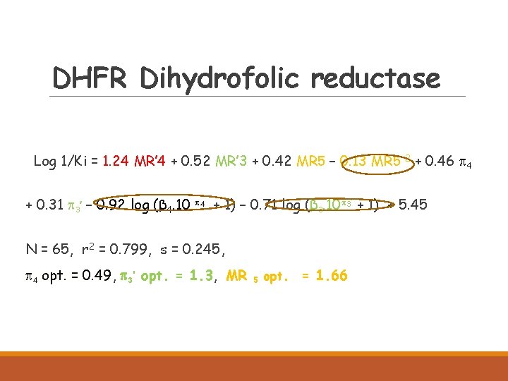 DHFR Dihydrofolic reductase Log 1/Ki = 1. 24 MR’ 4 + 0. 52 MR’