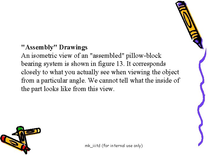 "Assembly" Drawings An isometric view of an "assembled" pillow-block bearing system is shown in