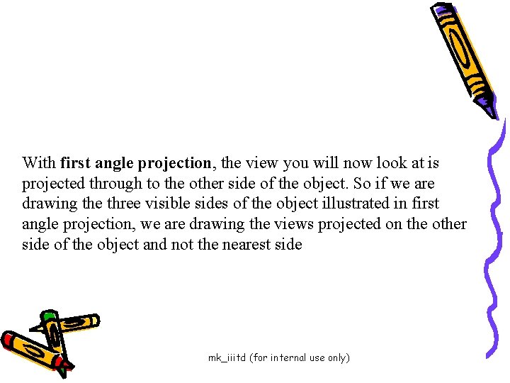 With first angle projection, the view you will now look at is projected through