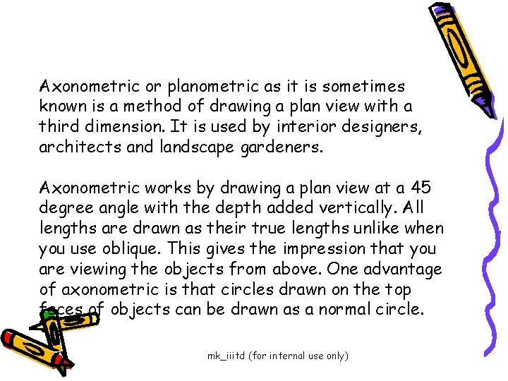 Axonometric or planometric as it is sometimes known is a method of drawing a
