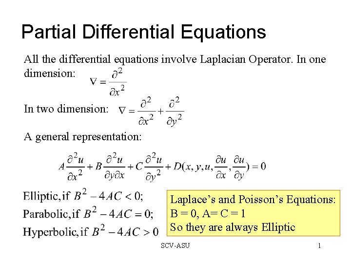 Partial Differential Equations All the differential equations involve Laplacian Operator. In one dimension: In