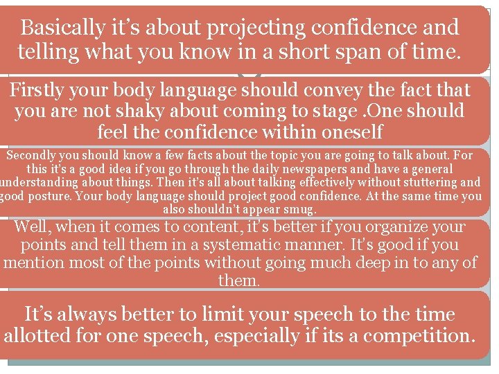 Basically it’s about projecting confidence and telling what you know in a short span