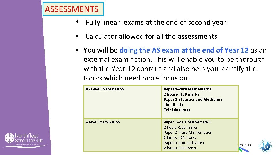 ASSESSMENTS • Fully linear: exams at the end of second year. • Calculator allowed