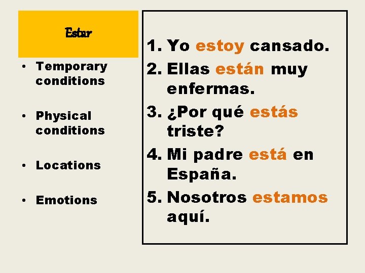 Estar • Temporary conditions • Physical conditions • Locations • Emotions 1. Yo estoy Estar • Temporary conditions • Physical conditions • Locations • Emotions 1. Yo estoy