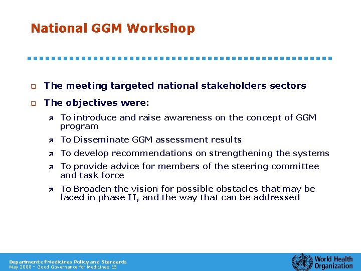 National GGM Workshop q The meeting targeted national stakeholders sectors q The objectives were: