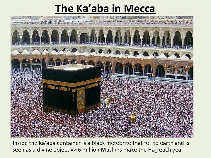 The Ka’aba in Mecca Inside the Ka’aba container is a black meteorite that fell