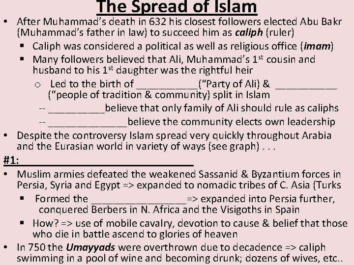 The Spread of Islam • After Muhammad’s death in 632 his closest followers elected