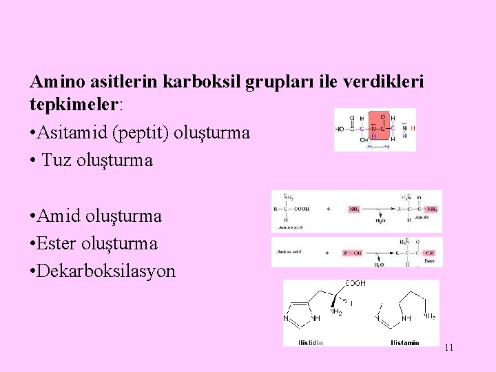 Amino asitlerin karboksil grupları ile verdikleri tepkimeler: • Asitamid (peptit) oluşturma • Tuz oluşturma Amino asitlerin karboksil grupları ile verdikleri tepkimeler: • Asitamid (peptit) oluşturma • Tuz oluşturma