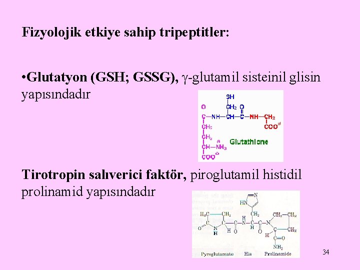 Fizyolojik etkiye sahip tripeptitler: • Glutatyon (GSH; GSSG), -glutamil sisteinil glisin yapısındadır Tirotropin salıverici Fizyolojik etkiye sahip tripeptitler: • Glutatyon (GSH; GSSG), -glutamil sisteinil glisin yapısındadır Tirotropin salıverici