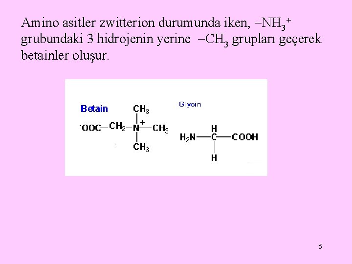 Amino asitler zwitterion durumunda iken, NH 3 grubundaki 3 hidrojenin yerine CH 3 grupları Amino asitler zwitterion durumunda iken, NH 3 grubundaki 3 hidrojenin yerine CH 3 grupları