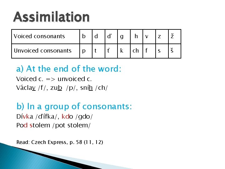 Assimilation Voiced consonants b d ď g h v z ž Unvoiced consonants p