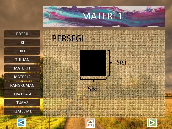 MATERI 1 PROFIL KI PERSEGI KD TUJUAN Sisi MATERI 1 MATERI 2 RANGKUMAN EVALUASI